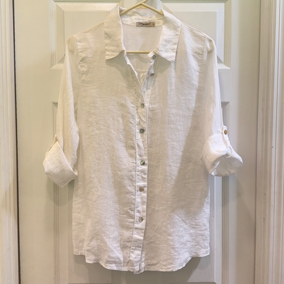 Lungo L'Arno Made in Italy 100% linen white button down tab sleeve shirt - Picture 4 of 11
